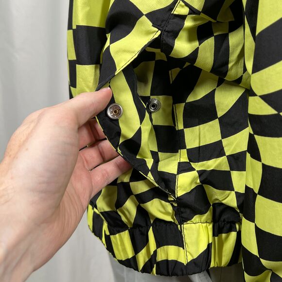 H&M Men's Large Neon Yellow Black Wavy Checkered Full Zip Windbreaker Jacket - Picture 3 of 9